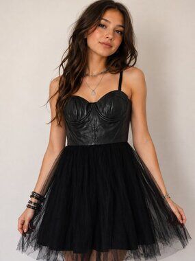 Alice + Olivia Black Leather Bustier Tulle Fit & Flare Dress